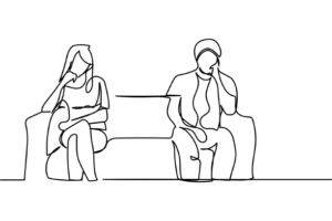 line drawing of couple sitting on opposite sides of sofa