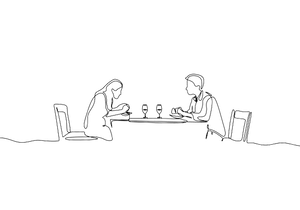 line drawing of couple eating dinner