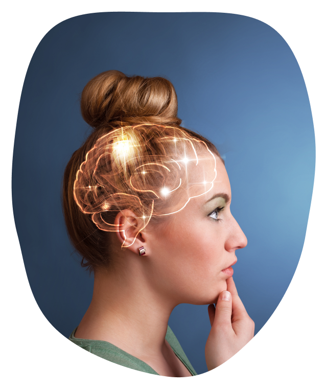 side view of a woman with glowing brain image